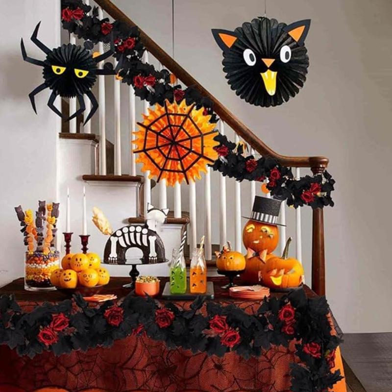 Halloween Schwarzer Ahorn Rosenkette, 65,98 Zoll Seiden-Feiertagsverzierung für Türrahmen, Regal und Heimdekoration Innenbereich