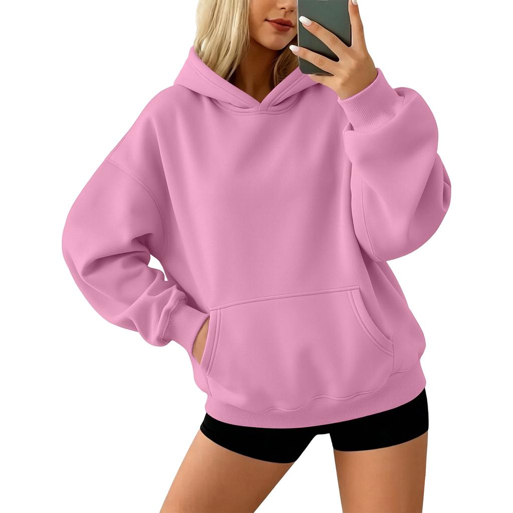 Women's Color Long Sleeve Pullover Hoodie with Front Pocket Loose Fit