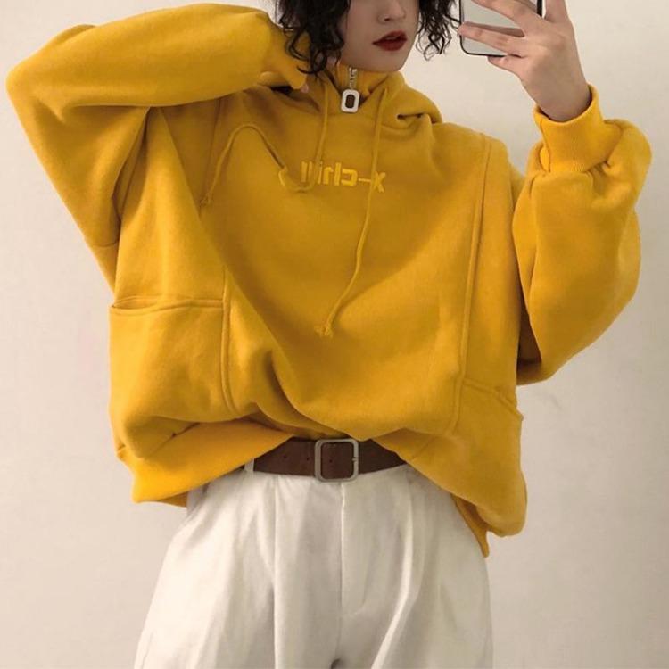 Loose Fleece Pullover Fake Two Pieces Fashion Top Plus Size Women s Casual Hooded Sweatshirt M жёлтый