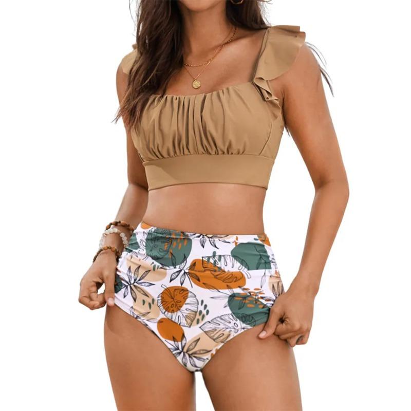 Women 2 Piece High Waisted Bikini Set, Floral Ruffle Tummy Control Swimsuit, Ruched Modest Full Coverage Bathing Suit