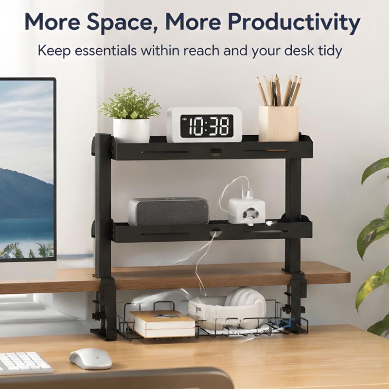 Clamp Desk Shelf for Office Supplies, Two-Level Metal Desktop Storage with Edge Mounting, Cord Routing, and Black Finish for Study Desks