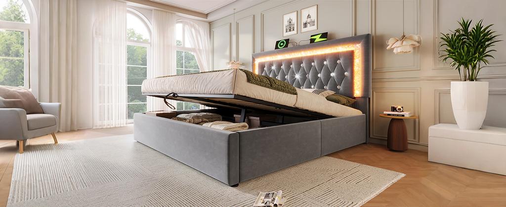 Polsterbett 180x200 cm Samt mit LED-Diamantstreifen, USB- & Typ-C-Ladestation, Stauraum, Lattenrost, grau (ohne Matratze)