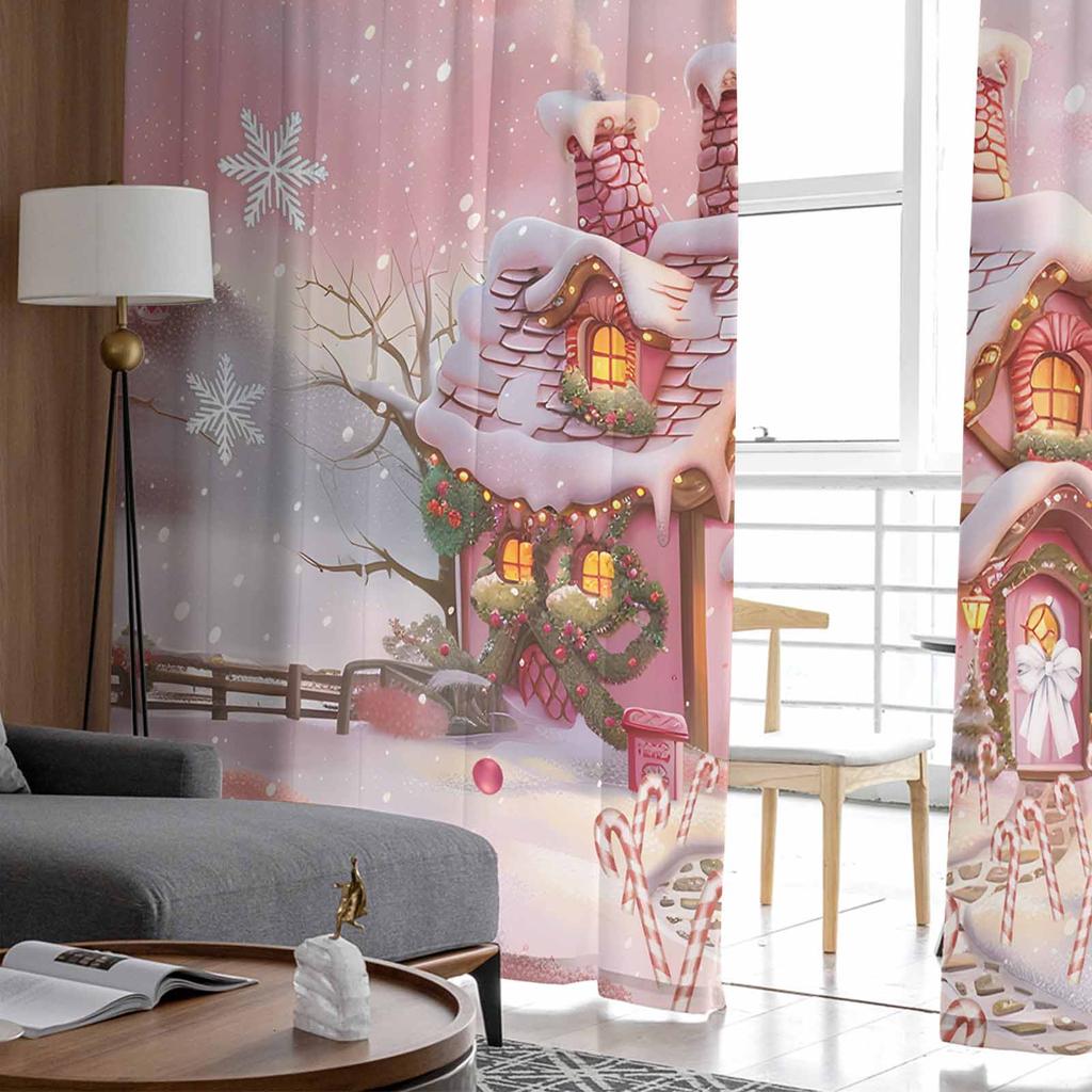 Christmas Candy House Snow View Countryside Curtains For Living Room Bedroom Home Decoration Window Voile Tulle Curtain Drapes