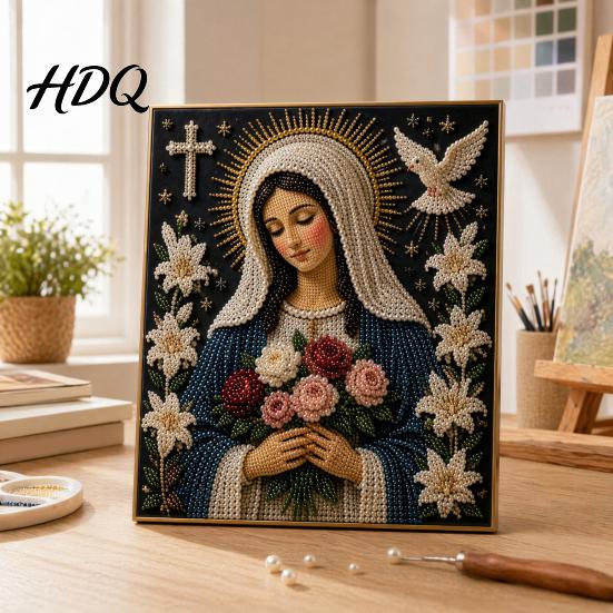 Spiritual Wall Art Faith Pearl Painting Kit Virgin Mary DIY Faux Religious Handmade Devotional Artwork Craft Set Home for Christian Prayer