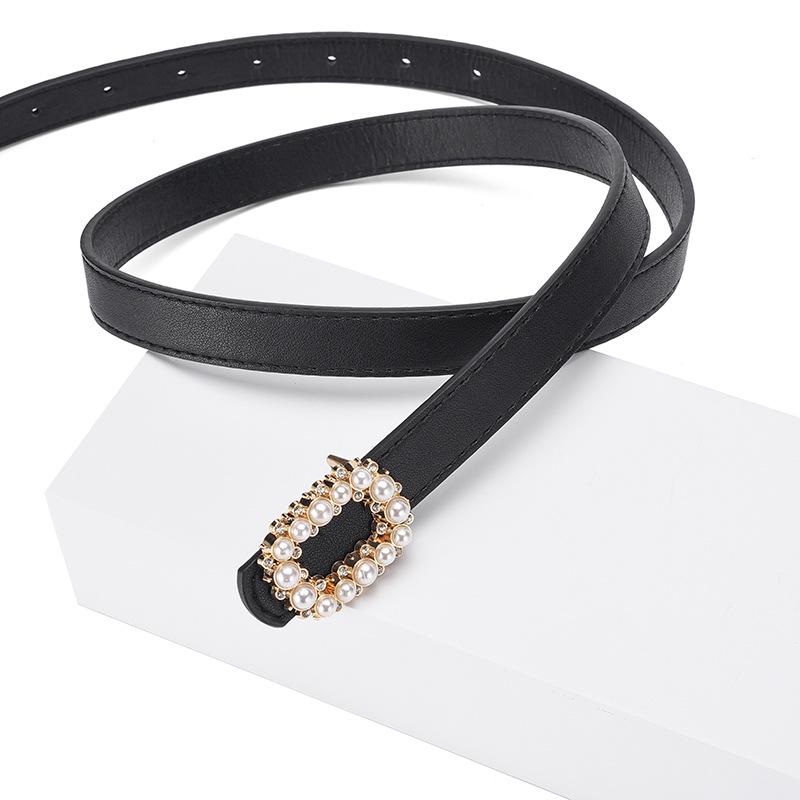Pearl-Inlaid Ladies' Thin Waistband Fashionable Leather Belt with Decorative Plate Buckle