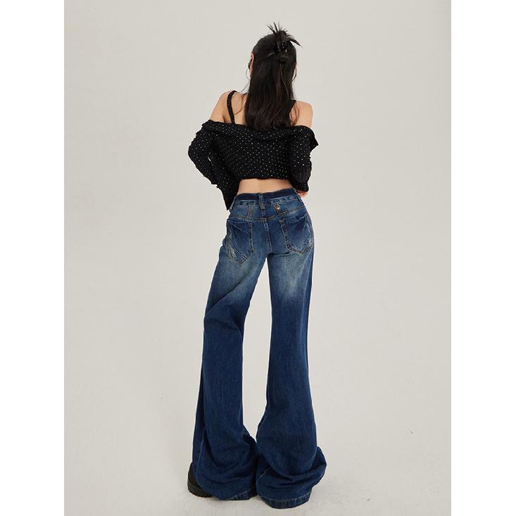 Autumn American Retro Washed Micro Flared Jeans For Women With Low Waist And Spicy Girls, Loose And Slimming Floor Pants