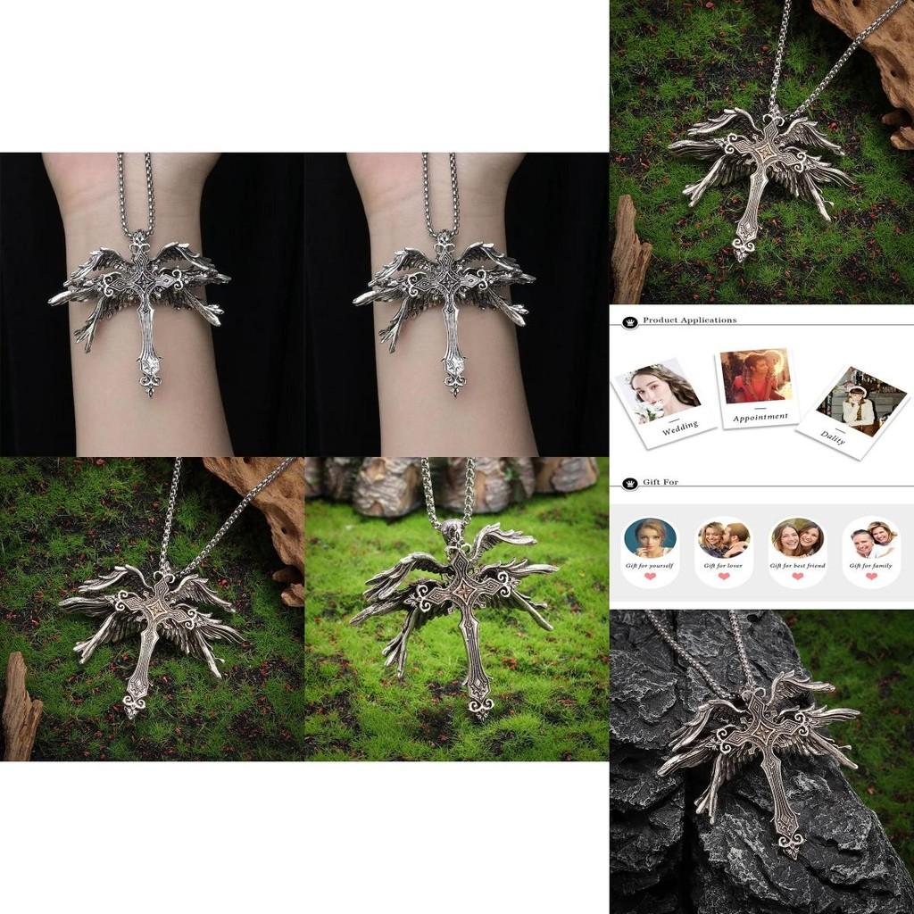 Fashionable Six Wing Angel Cross Necklace Eye-catching Design With Alloy And Pearl Chain