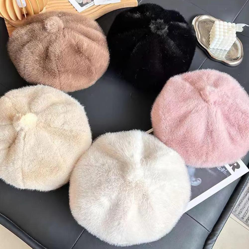 Solid Color Faux Rabbit Fur Beret Leopard Print Octagonal Beanie Cap Fluffy Plush Beret  Women Girl