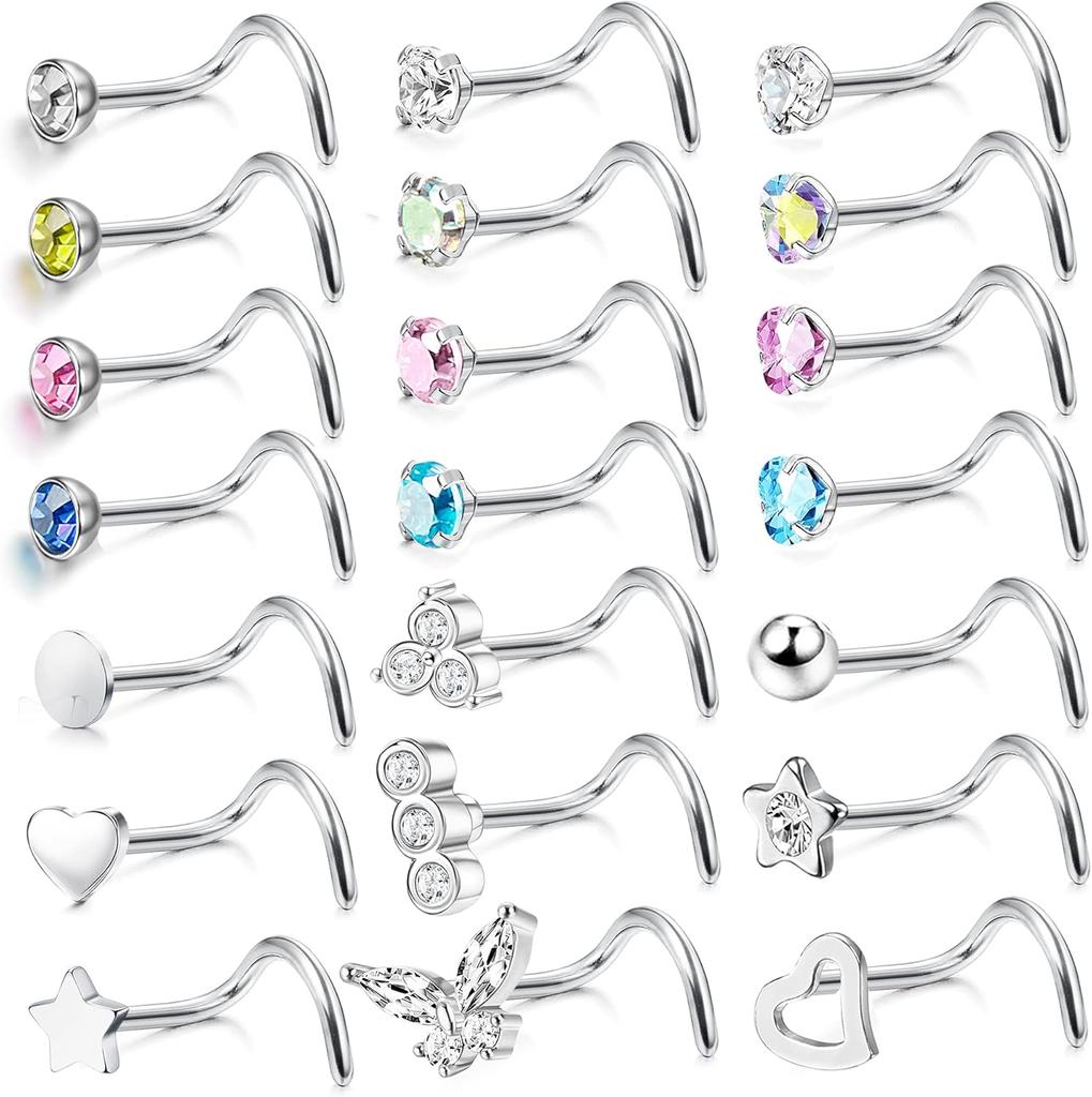 Bobisty 21Pcs Nose Studs 316L Surgical Steel for Women Men Colorful CZ S/L Shaped Nose Stud Screw Nose Piercing Jewellery 20G