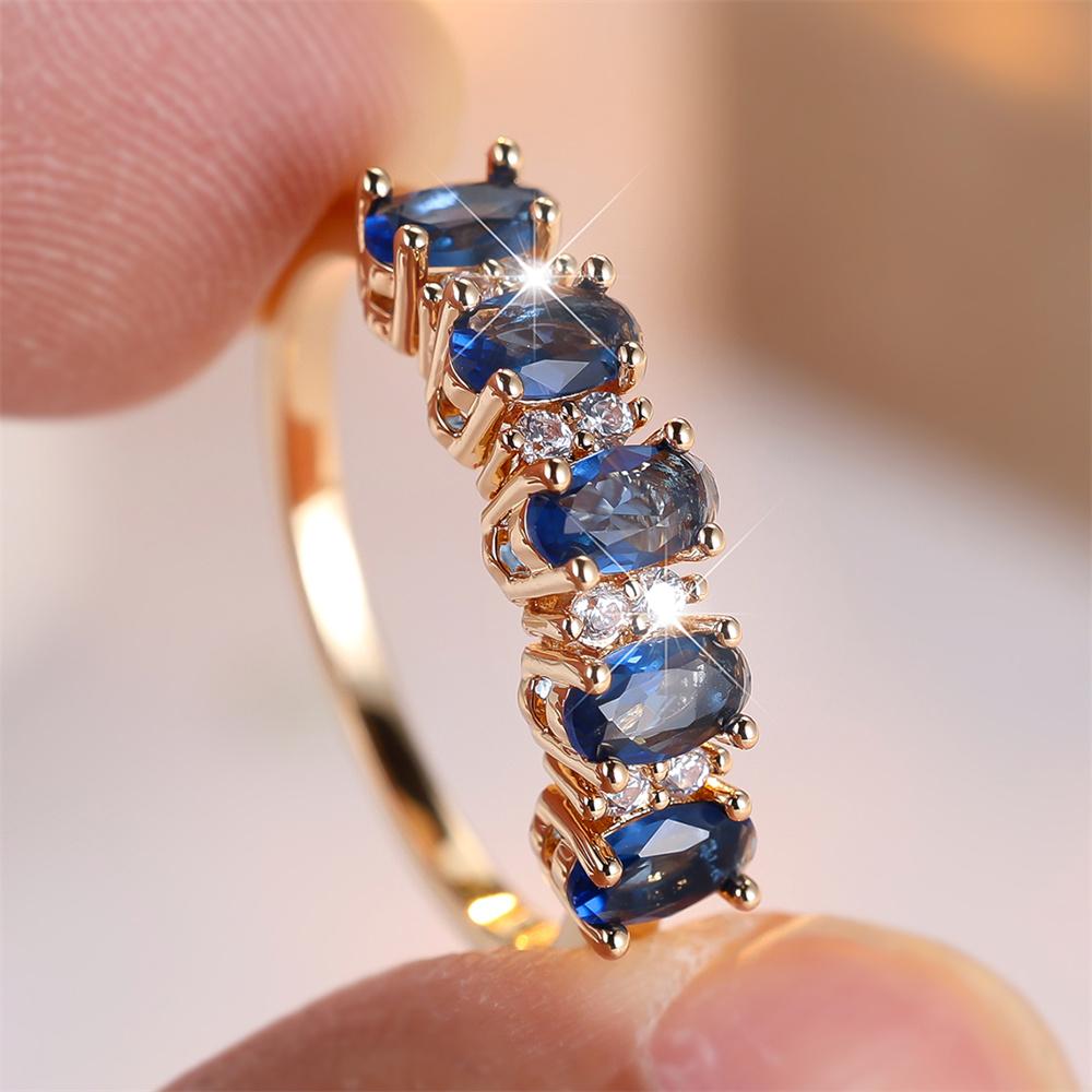Single Row Blue Crystal Cute Oval Stone Rings For Women Vintage Gold Color Engagement Wedding Bridal Birthday Gifts