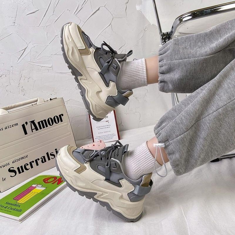 Spring and Autumn Women's Thick Soled Lace Up Sports Shoes, Suitable for Female Student Style, Korean Style, Multi Functional Leisure