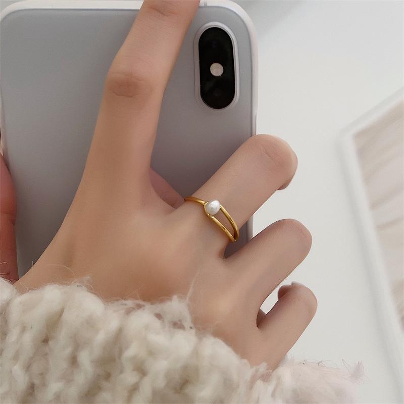 Geometric Pearl & Titanium Steel Hollow Ring for Women