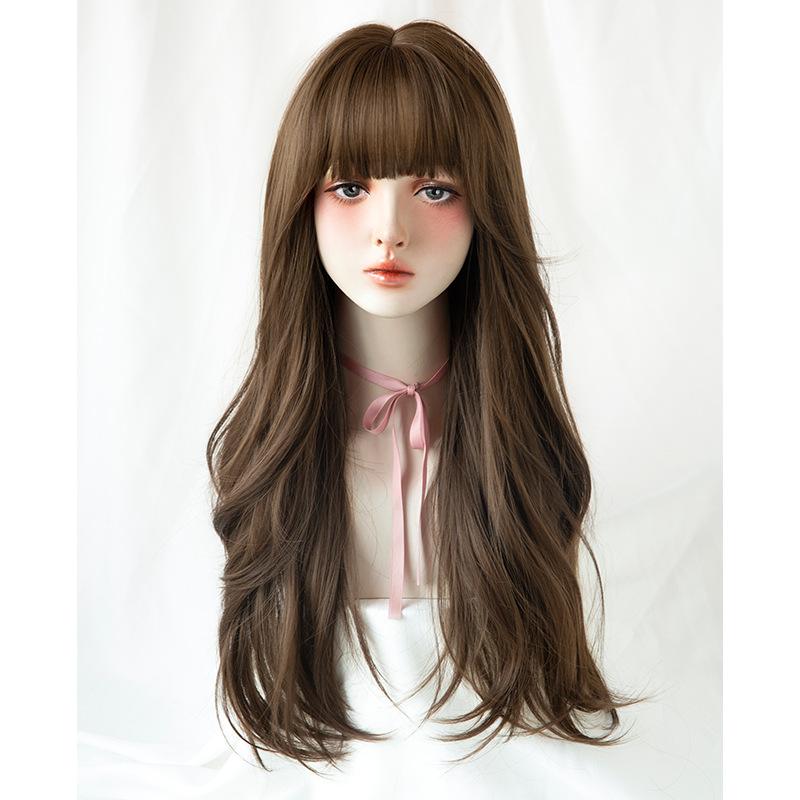 Korean Style Women’s Long Wavy Curly Wig with Air Bangs Natural Looking Big Waves Voluminous Full Wig