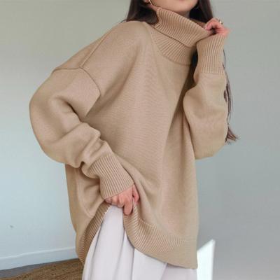 Women Sweater High Collar Long Sleeve Ribbed Trim Pullover Tops Loose Fit Solid Color Mid-length Knitting