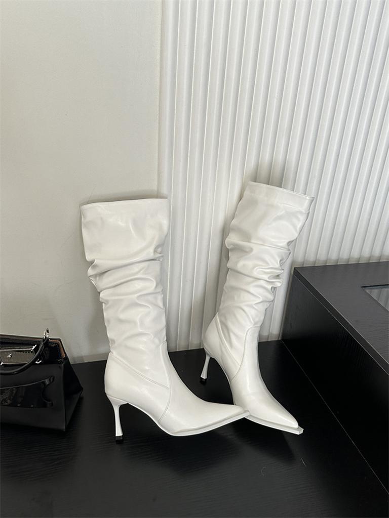 Fashion Pointed Toe Women Knee High Boots Black Brown White Winter Knight Botas Thin High Heels Shallow Slip On Party Chelsea Botas 39