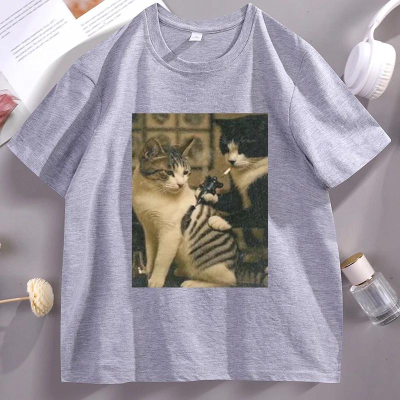 Tattoo Cat Print T Shirt For Unisex Unisex Summer Casual Fashion Funny Humor Streetwear Tops Vintage Crew Neck Short Sleeve Tees