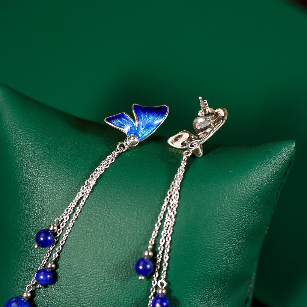 Genuine Sterling Silver Enamel Art Vintage Style Butterfly  earrings with Blue Lapis Lazuli Gemstone tassels Stud Earrings Handcrafted