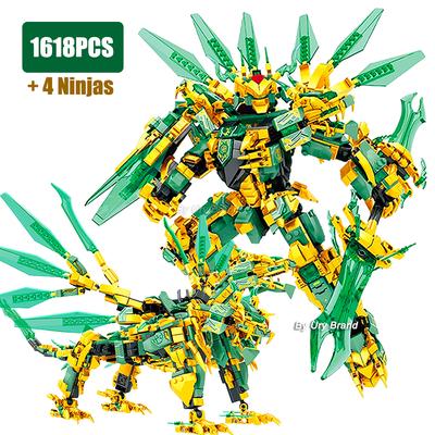 2in1  Golden Warrior Robot Mech 2 Heads Flying Dragons Set Fighter Figures Building Blocks Toys for Kids Boys Chritmas Gift