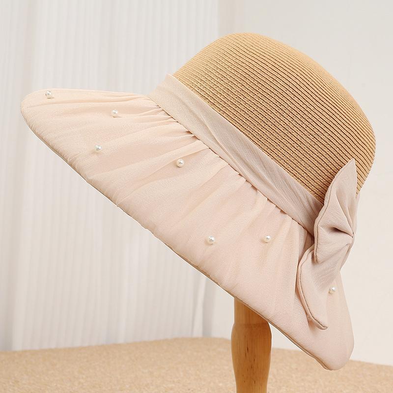Spring and summer new women's straw hat big brim sun hat French pearl bow versatile sun protection hat travel