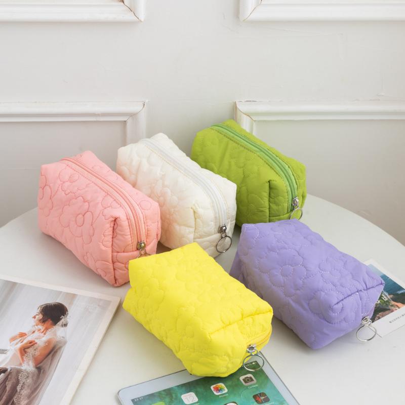 New Candy Color Pen Bag Large Capacity Pencil Case Travel Makeup Bag Women Quilted Flower Storage Bag Portable Toilet Bag