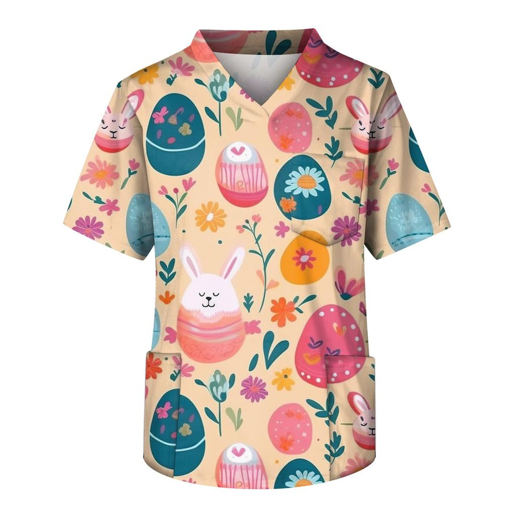 Men's Short Sleeve V-Neck Easter Egg Print Chest Pocket Care Top