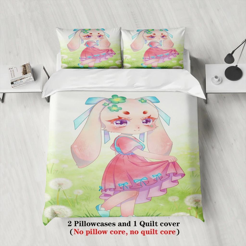 Softville Cozy Town 3Pc Bedding Sets Lop Rabbit Dandelion Grassland Printed Duvet Cover No Filling Cartoon Style Queen King Size