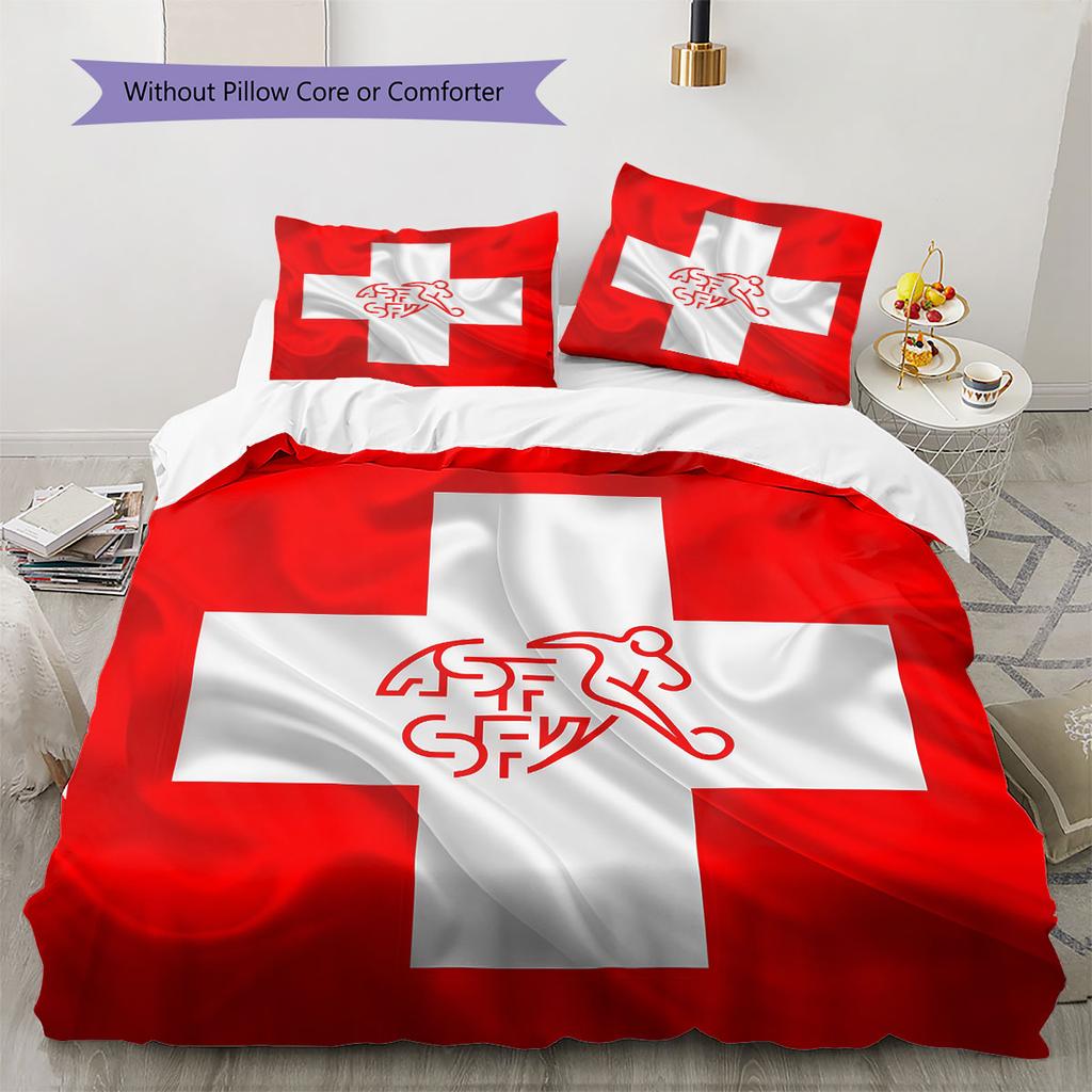 Schweiz Fußball Nationalmuster Bettwäsche Heimdekoration Geburtstagsgeschenk (1 Bettbezug + 2 Kissenbezüge, ohne Füllung),Fanartikel.