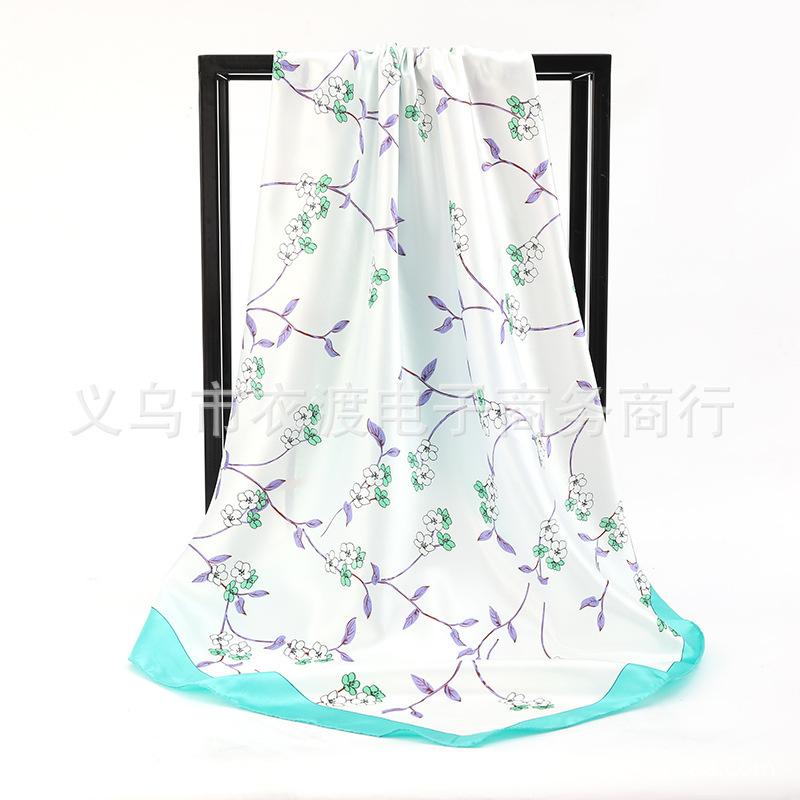 90*90Cm Women Elegant Floral Printed Square Imitation Silk Scarf Hijab Women Luxury Sunscreen And Dustproof Kerchief Head Scarf