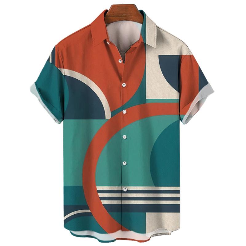 Geometric Patterns Hawaiian Shirt for Men Colorful Splicing 3D Printed Short Sleeves Fashion Loose Blouses Lapel Aloha Shirts