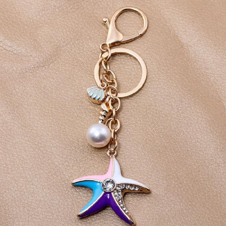 Sparkling Starfish Key Ring Zinc Metal Craftsmanship with Seashells Charm Keychain Pendant Beach Vacation Accessory