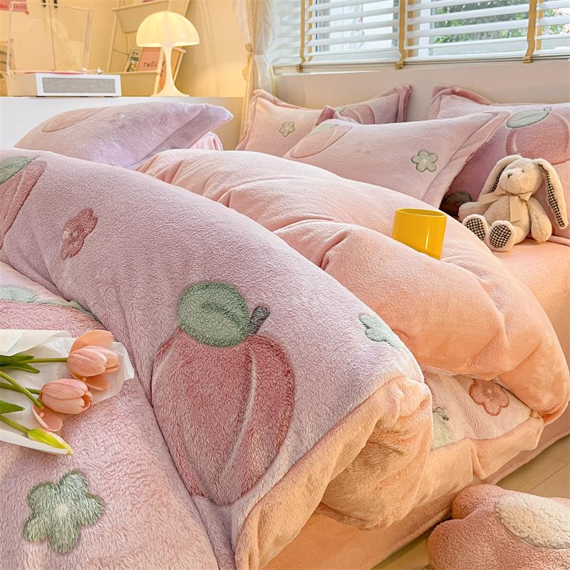 Cartoon Coral Fleece Four-Piece Set, Thickened Milk Fleece Sheet Quilt Cover, Snowflake Fleece Bed Three-Piece Quilt Cover