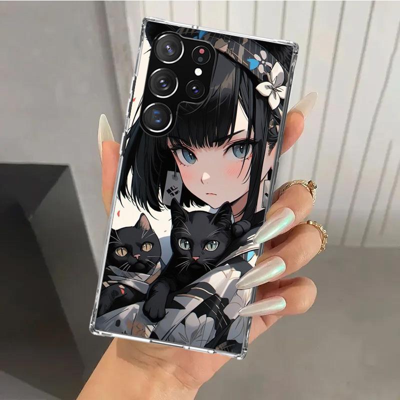 Anime Girls Cute Black Cat Phone Case for Samsung Galaxy S26 S24 S23 Ultra S25 Edge S22 S21 Plus S20 FE + Soft Print Shell Funda