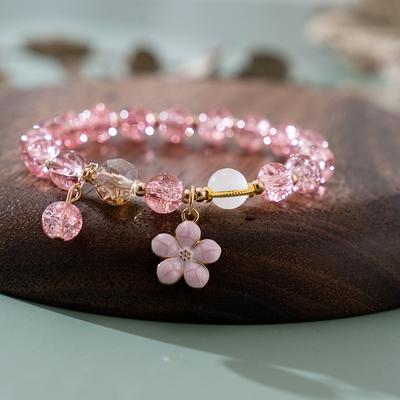 Braccialetti Floreali con Perline Fiore di Ciliegio Pesco Cristallo Fortunato per Donne Ragazze Braccialetto Elastico Gioiello Regalo