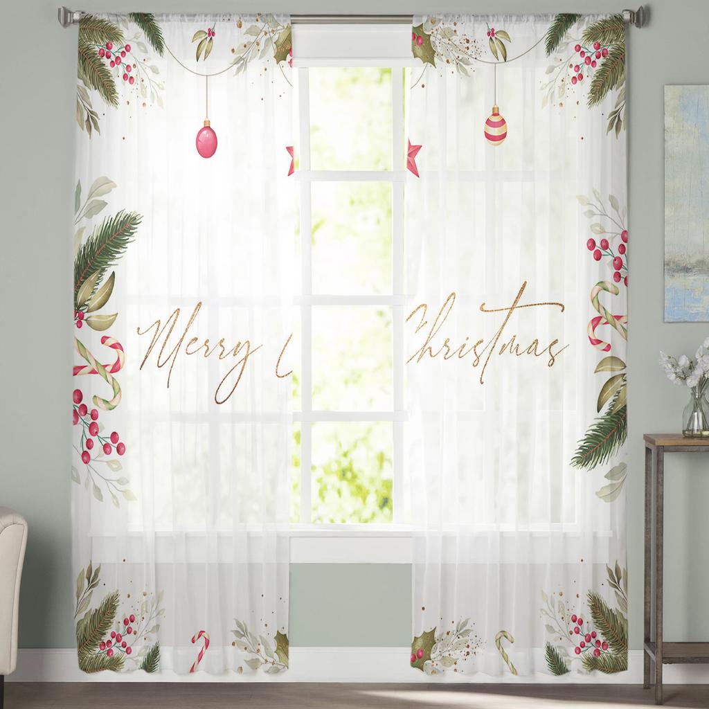 Christmas Leaf Berry Ball Flower Tulle Curtains Kitchen Door Curtain Chiffon Sheer Voile Christmas Curtains For Living Room