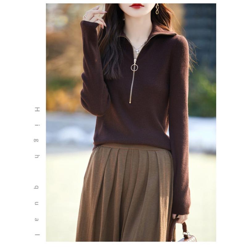 Spring New Worsted Wool Turtleneck Knitted Sweater Semi-zipper Solid Color Pit Strip Pullover Bottoming Shirt Top