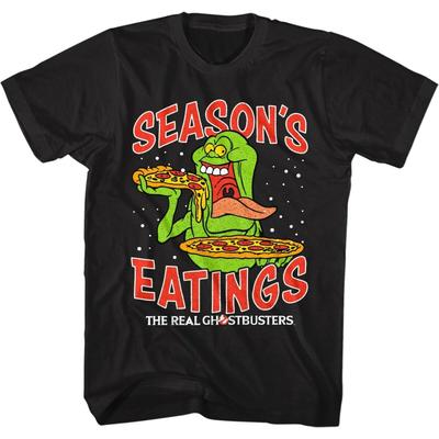 The Real Ghostbusters Mens TShirt Seasons Eatings Pizza Slimer Hungry Ghost Christmas Gift