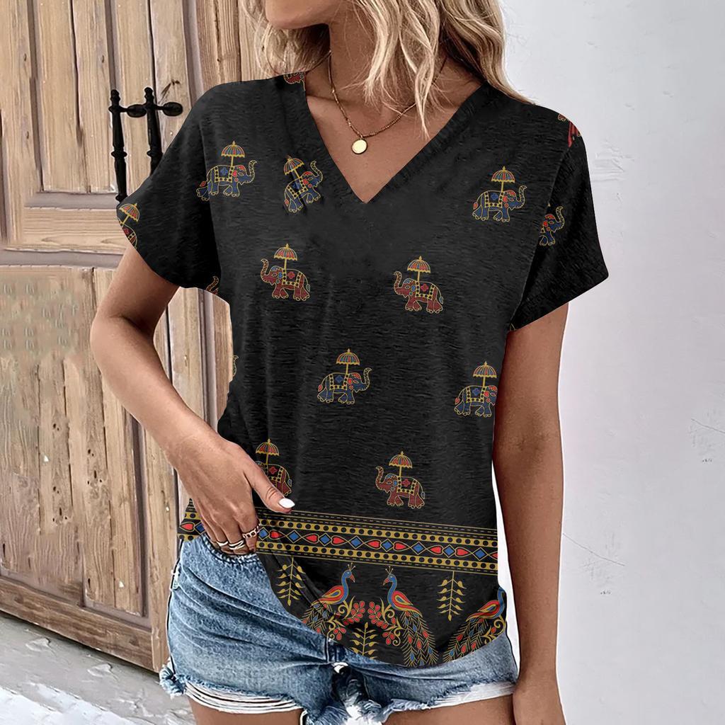 vintage women floral print t shirt short sleeve v neck tops comfortable t-shirts
