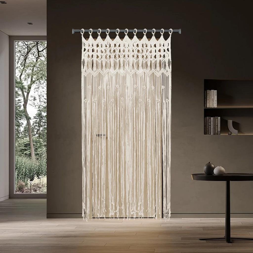 120 x 195 cm Makramee Türvorhang, Handgefertigter Boho-Stil Vorhang Großer Handgewebter Vorhang mit Holzring Baumwollgewebte Dekoration
