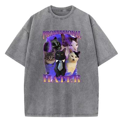 Retro T Shirt Vintage Washed Cotton T-Shirt Professional Hater Cat Graphic Tee Casual Streetwear Spring Summer