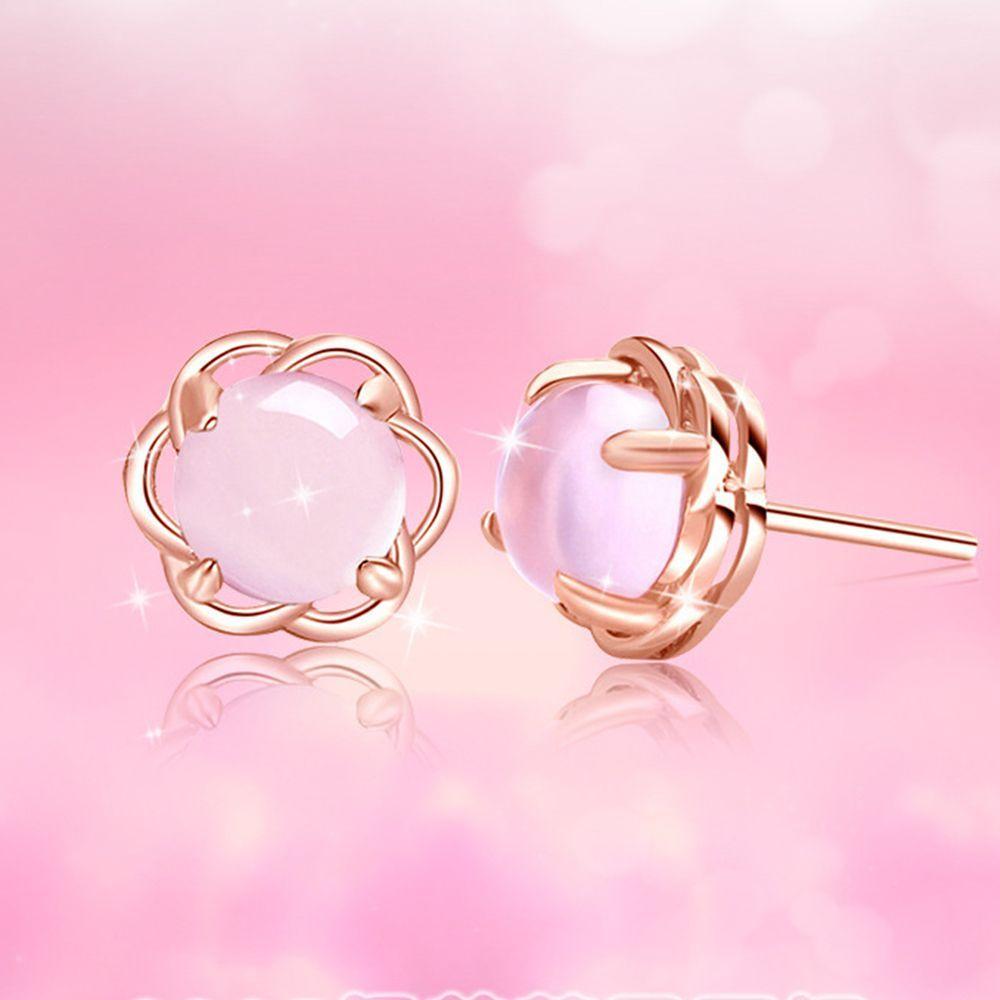 

New Charm Style Statement Round Good Ear Opal Women Stud Pink Lotus Stone Rose Gold Plated Earrings