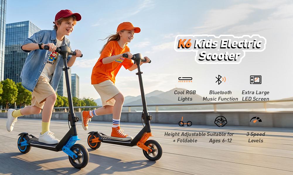 K6 Kids Electric Scooter 150W 2.6Ah 6.5'' Solid Tires Bluetooth Speaker LED Lights Foldable & Height Adjustable 16KM/H Max Speed 7-9KM Range for kids
