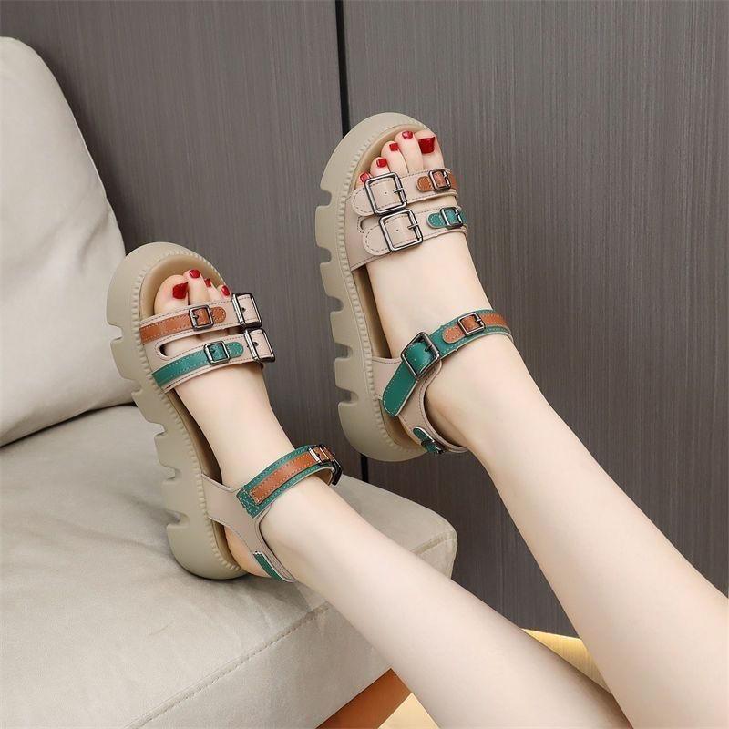 

Fashion Platform Roman Style Woman Shoes Splicing Color Round Toe Tip Sandal 2025 Luxury Vintage Summer Comfort Daily Sandals for Women 35