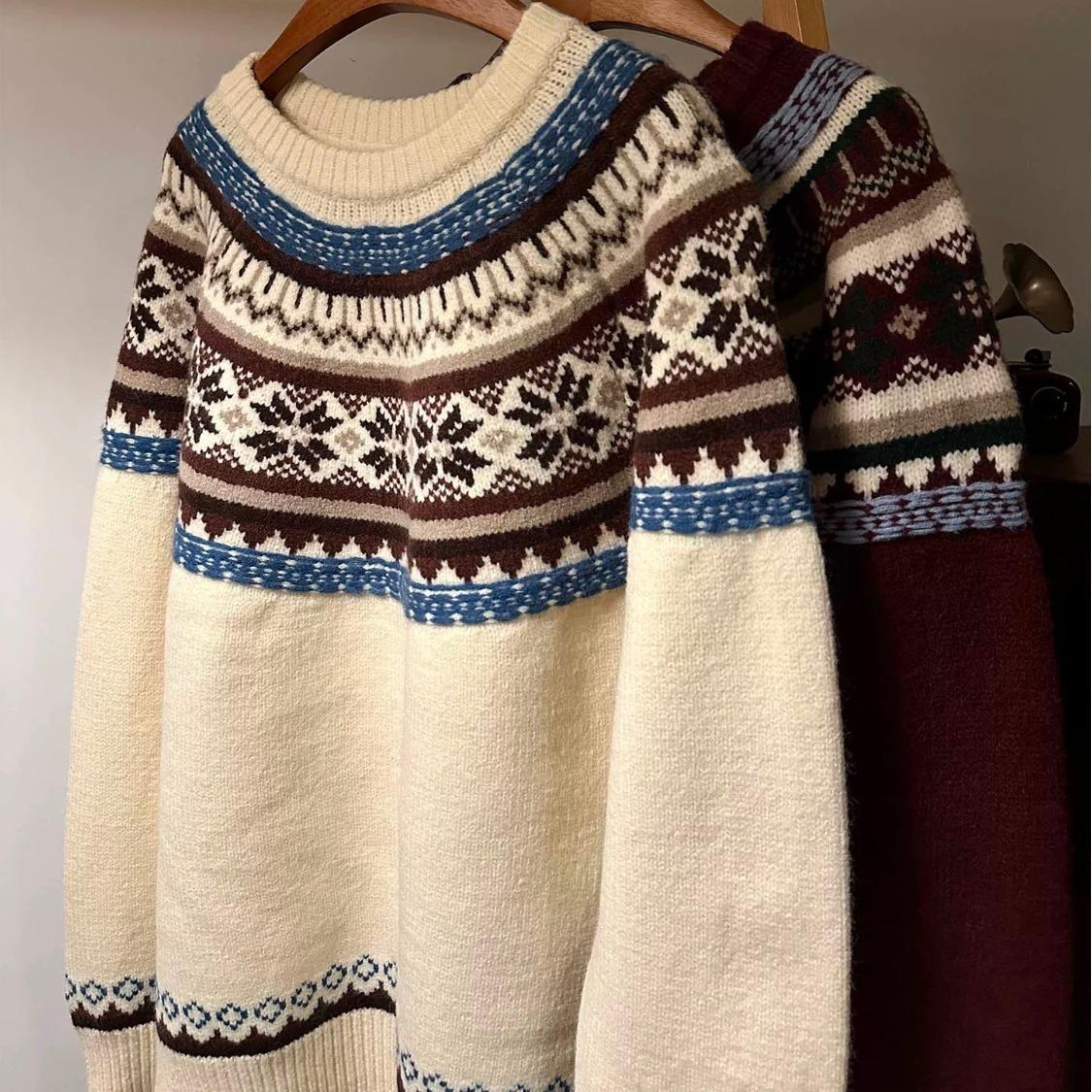Trendy American Fair Isle Round Neck Sweater - Cozy Autumn/Winter Casual Knit for Couples Large