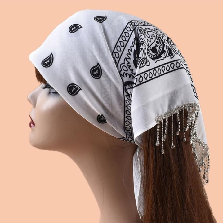 Cashew Flower Print Bandana for Adult Unisex Glittering Crystal Tassesls Head Scarf Neckerchief for Music Festival Party