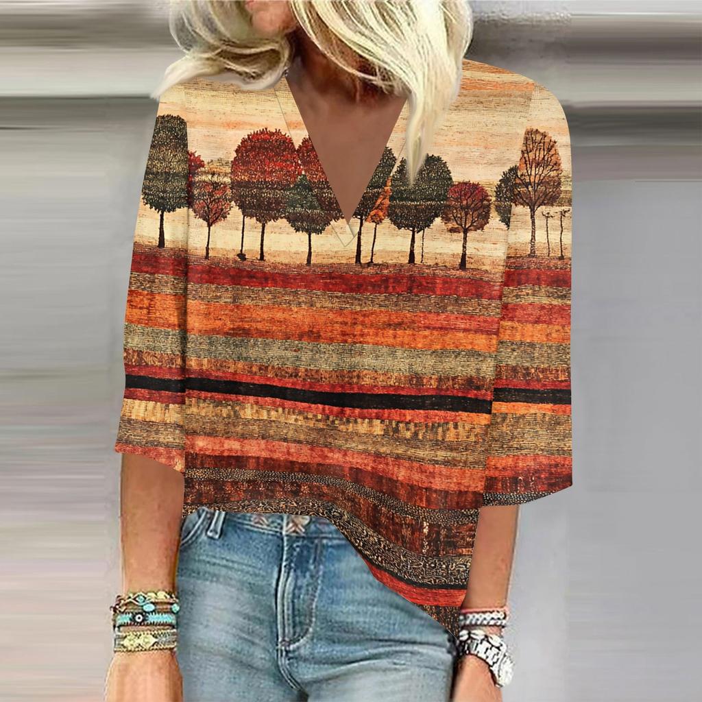 Women's Shirt Blouse Casual Loose Shirts 3/4 Sleeve Print V Neck Tops Print Tops T-shirts Tee