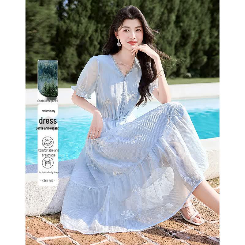 Elegant Embroidered Short Sleeve Mid-length Dress XL