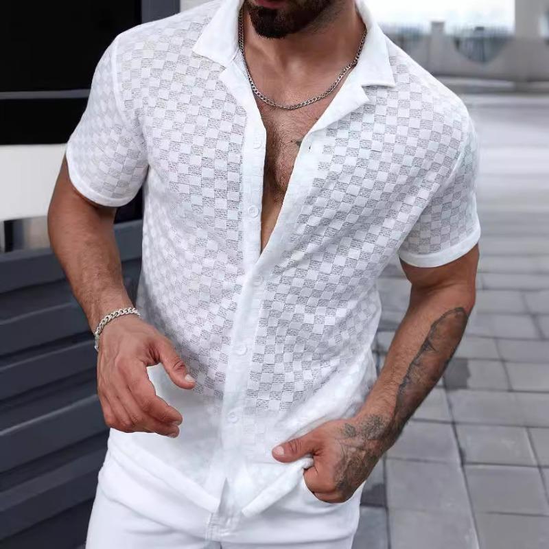 Men's Short-Sleeve Mesh Checkered Collared Shirt - Breathable Casual Button-Down Slim-Fit Top