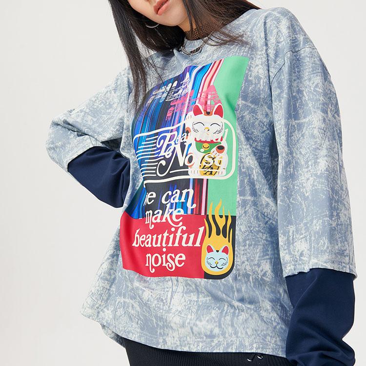 FILA Fusion Fake Two-Piece Tie-Dye Long Sleeve T-Shirt Couple Style Blurred Memory Unisex Tops T11U146204F-WT