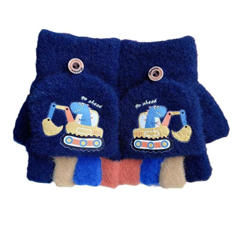 Children's Half-finger Flip Digger Cartoon Knitted Gloves Boy's Split-finger Cute Child Student Writing To Keep Five Fingers Warm