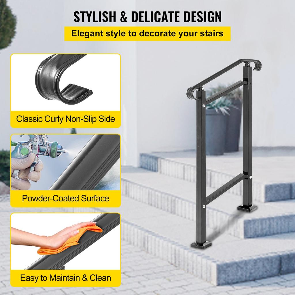 VEVOR Wrought Iron Handrail, Fit 1 or 2 Steps Outdoor Stair Railing, Adjustable Front Porch Hand Rail
